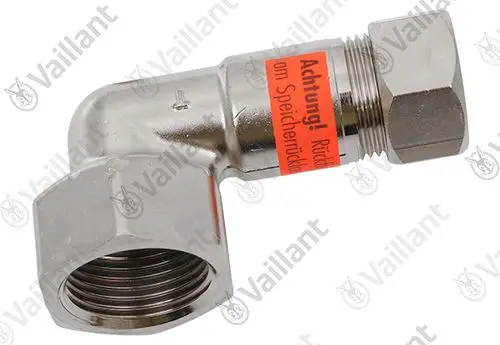 Vaillant Winkelstück aus Metall mit einem Rückflussverhinderer, gewinde- und schraubbar, für die Rohrverbindung in Heizungsanlagen.
